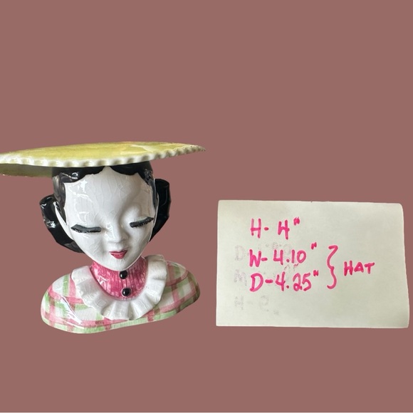 Vintage Lady Head Vase in Wide Brimmed Yellow Sunhat - Picture 2 of 13